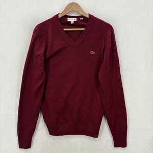 Lacoste Sweater Mens Medium Red Merino Wool V Neck Pullover Croc Logo Knit